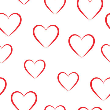 Seamless pattern of red hearts on a white background.