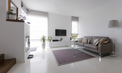 Fototapeta na wymiar living room with leather sofa and glass table
