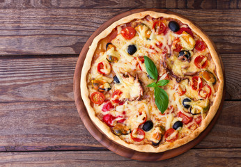 Italian Pizza with seafood. top view