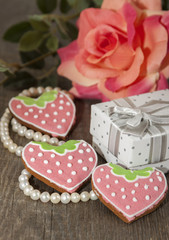 Composition for Valentine's Day with ginger gingerbread in the f