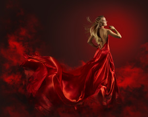 Woman in Red Dress, Lady Fantasy Gown Flying and Waving