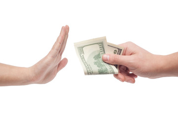 man refusing money offered by man isolated on white backgound