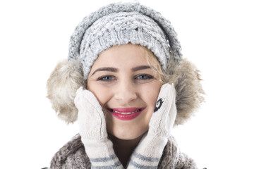 Cold Attractive Young Woman Wearing Woollen Hat and Gloves