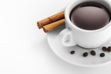 Cup of coffee with cinnamon and beans.