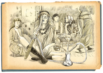 Fototapeta na wymiar Smoking Hookah (Harem) - An hand drawn full sized illustration
