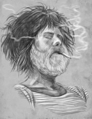 Smoking. Bearded smoker (Sailor) - Hand drawn full sized illustr