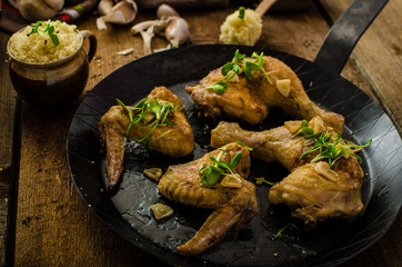 Bio roast chicken with herbs and garlic, couscous