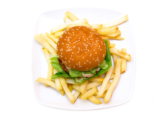 Hamburger with cheese and fries from above