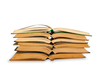 A stack of old books on white background