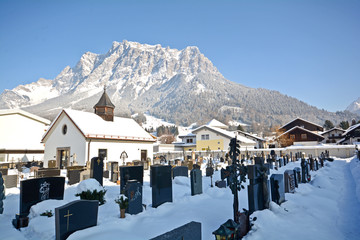 Old cemetery Ehrwald with Zugspitze, Germany's highest mountain