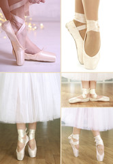 Collage of ballerina legs in pointes in dancing hall © Africa Studio