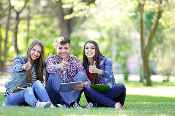 Fototapeta premium Happy students sitting in park