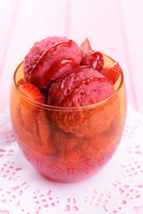 Delicious ice cream on table close-up