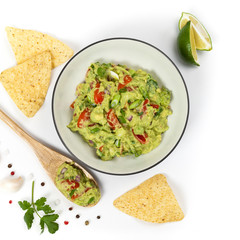 Guacamole on white background. Selective focus.