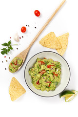 Guacamole on white background. Selective focus.