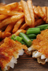 Breaded fried fish fillet and potatoes with asparagus