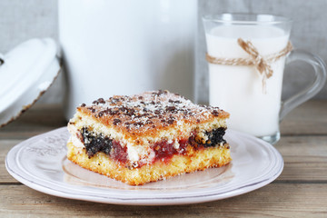 Homemade pie with jam and glass of milk