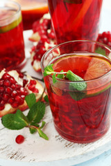 Pomegranate drink in glasses with mint and slices of orange