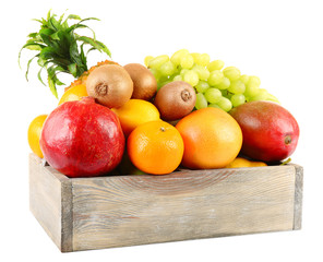 Assortment of fruits in box isolated on white