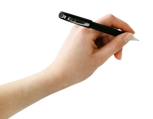 Male hand with pen isolated on white