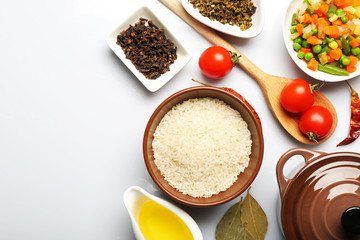 Food ingredients and kitchen utensils for cooking isolated