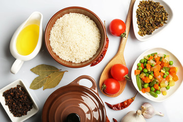 Food ingredients and kitchen utensils for cooking