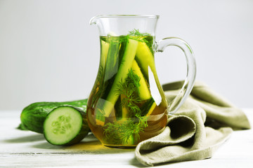 Glass ewer with fresh organic cucumber water