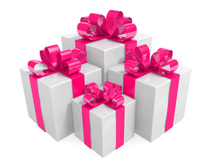 White gift boxes wrapped with pink ribbons for Valentines Day