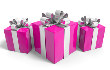 Valentines Day gift boxes neatly wrapped with shiny ribbons