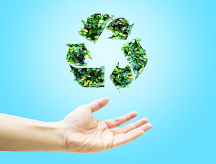 Open hand with green leaf recycle icon on light blue background