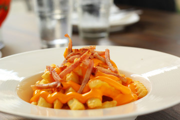 French fries topped with cheese on plate.