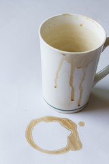 Dirty coffee cup on whire table
