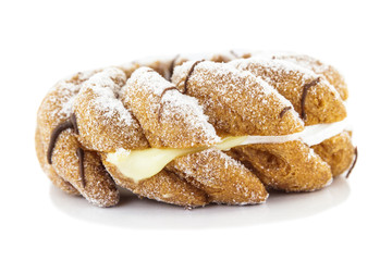 Doughnut cut middle filled cream isolated on white background.
