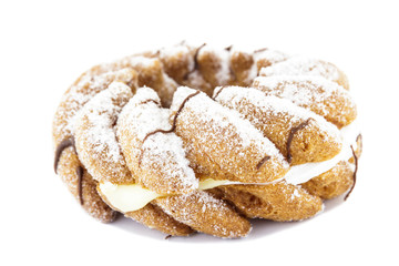 Doughnut cut middle filled cream isolated on white background.