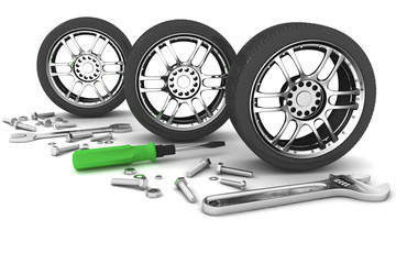 Wheel and Tools. Car service. Isolated 3D image