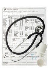medical report with medicines and stethoscope on white