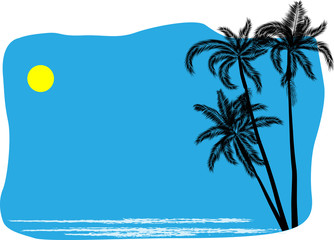 Fototapeta na wymiar three palm tree silhouettes on blue sky background