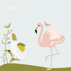 Cute pink flamingo with chamomile and insects