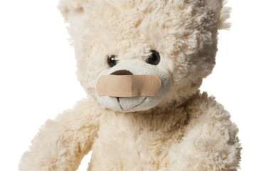 close up of a teddy bear with  bandage on his nose