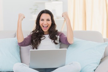 Pretty brunette cheering with laptop