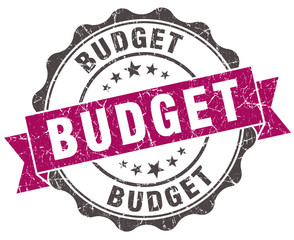 budget grunge violet seal isolated on white