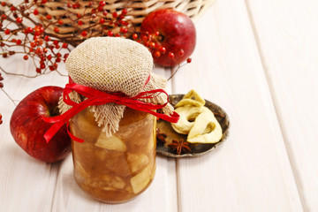 Apple jam in glass jar