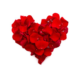 Rose petals in heart shape. Valentine greeting card, wedding.