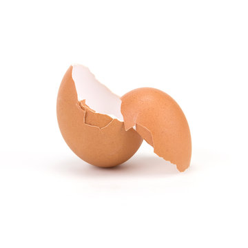 broken and cracked egg shell on white background