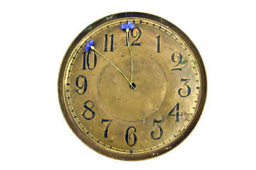 antigue brass clock dial with cornflowers arrows isolated