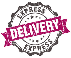 express delivery grunge violet seal isolated on white