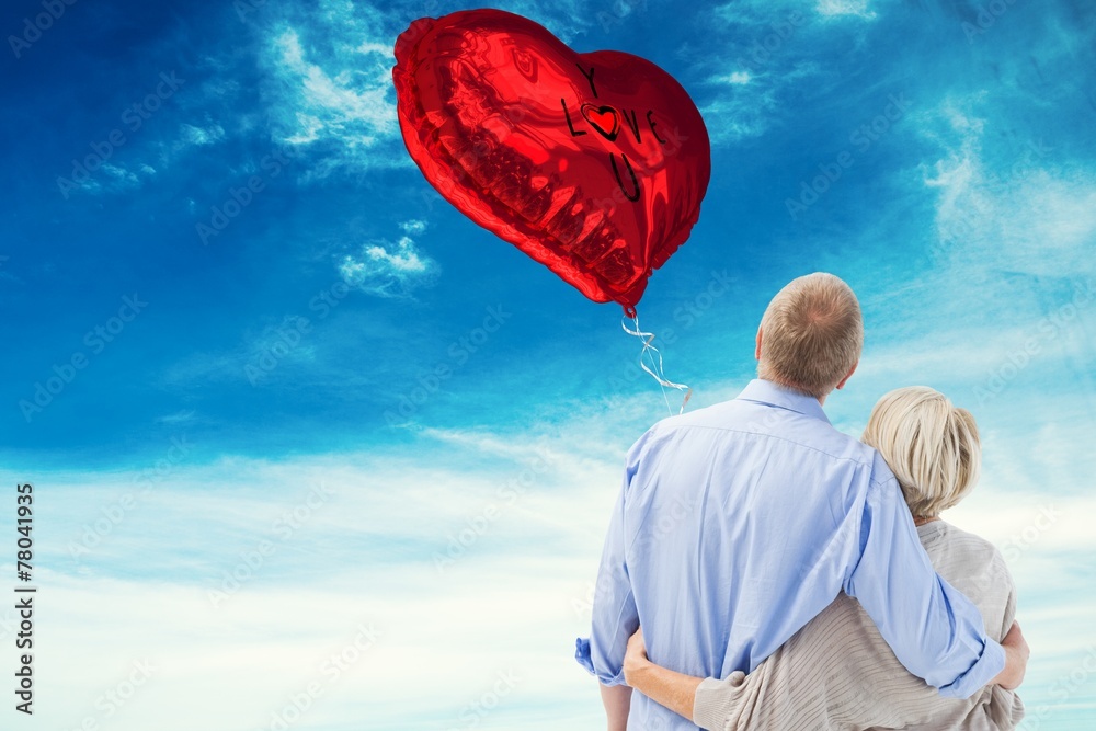 Poster composite image of mature couple hugging and looking