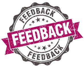 feedback grunge violet seal isolated on white