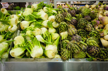 tropical vegetables on the counter in the store