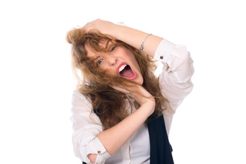 Naklejka premium Close-up portrait of a young girl screaming. Stress business wom